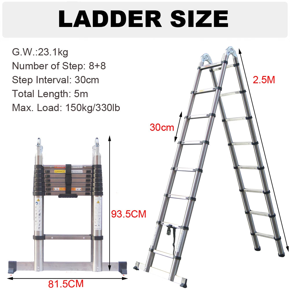 3.8m/ 5m Folding Telescopic Ladder A-Frame, Alloy Aluminum/ Stainless Steel, Non-Slip, Stable, 150KG  LoadCapacity, EN131