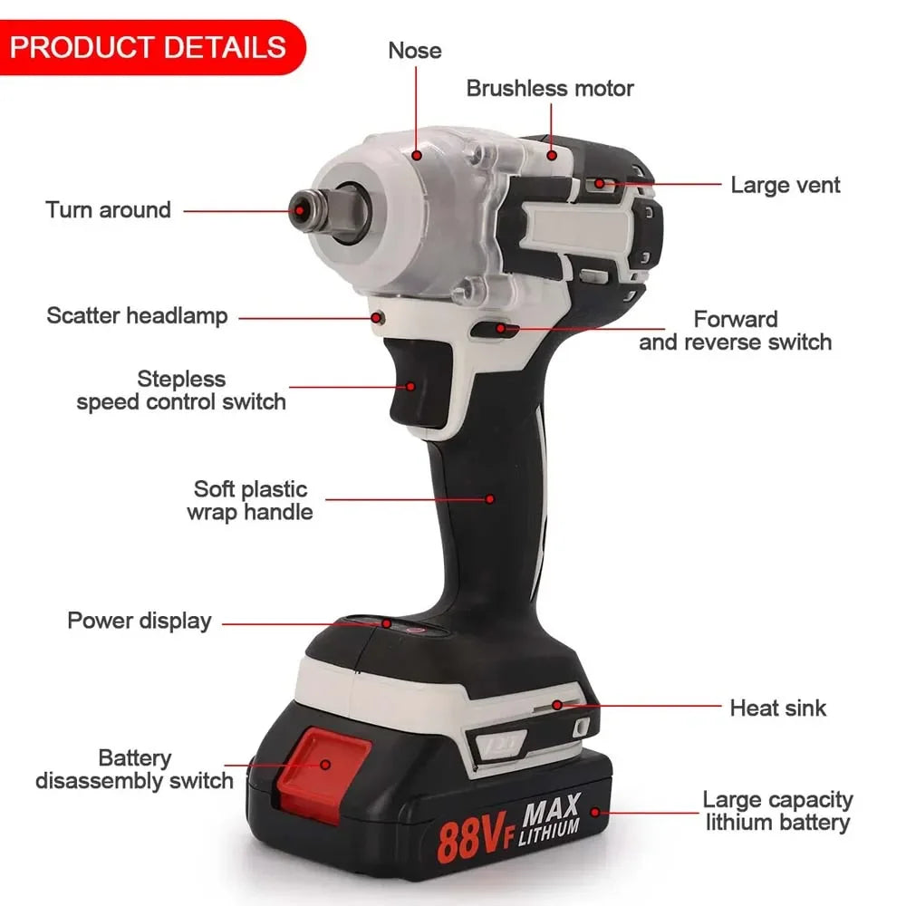 1000Nm 21V Cordless Electric Impact Wrench Drill Gun Ratchet Driver + 2 Battery