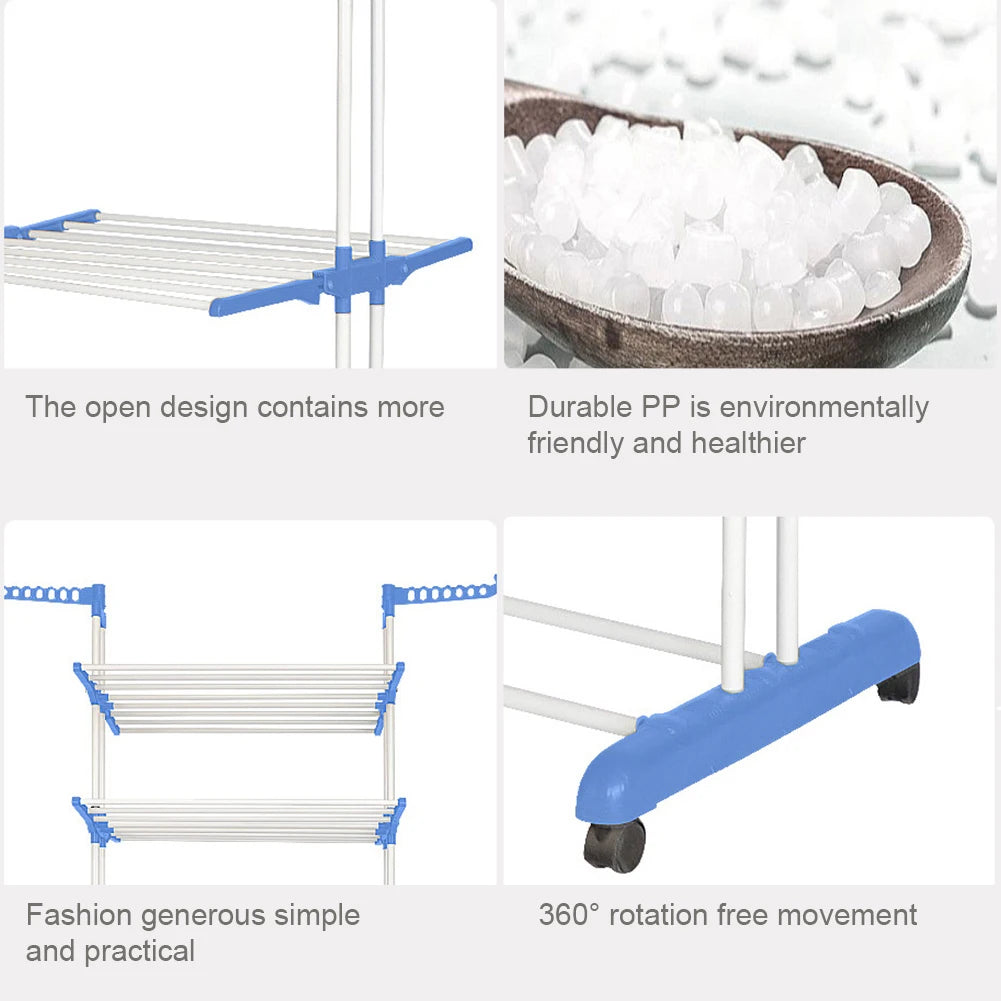 4-Tier Foldable Drying Rack Clothes Drying Rack with 4 Castors Rolling Clothes Horses Dryer Rack for Towels Clothes Shoes Linen