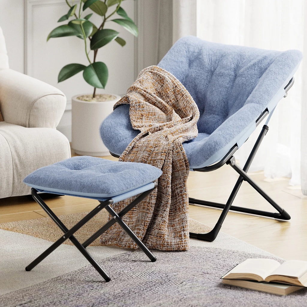 Oversized Folding Saucer Chair with Foot Stool for Adults Soft Faux Leather Metal Frame Lounge Armchair for Bedroom Living Room
