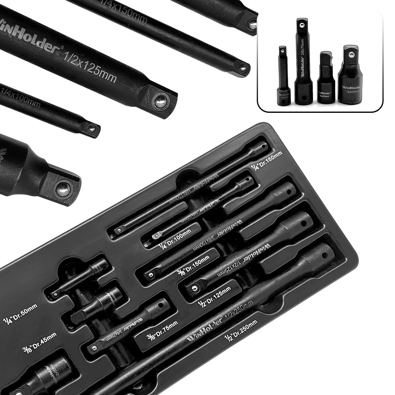 9Pcs/Set Impact Extension Bars 1/2" 3/8" 1/4" Drive Long Reach Extension Bar Set For Impact Sockets Ratchets Repair Tools Black