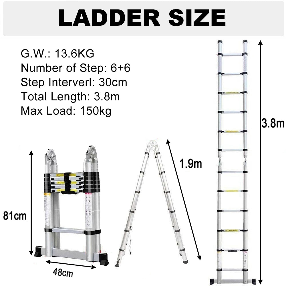 3.8m/ 5m Folding Telescopic Ladder A-Frame, Alloy Aluminum/ Stainless Steel, Non-Slip, Stable, 150KG  LoadCapacity, EN131
