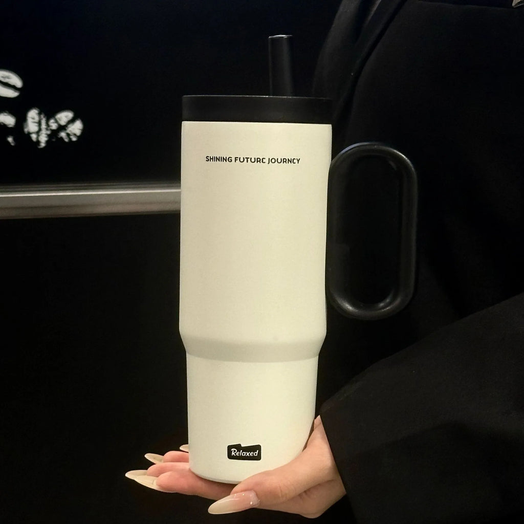 720ML Stainless Steel Thermos Cup with Straw & Handle Ice Coffee Drink Vacuum Insulated Cup Car Travel Outdoor Water Bottle