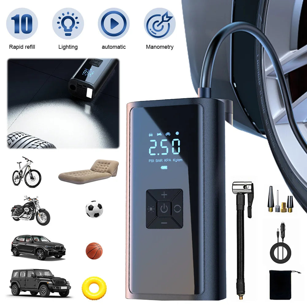 Electric Tire Pump with LED Light Portable Car Inflator Pump LCD Display Car Tire Inflator for Automobile Bicycle Ball