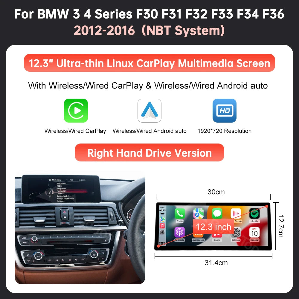 12.3'' Wireless CarPlay Car Multimedia Display Screen For BMW 3 4 Series F30 F31 F32 F33 F34 F36 NBT EVO with Android Auto