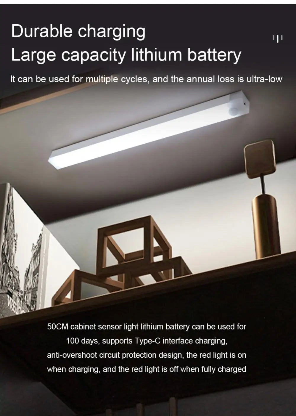 PIR Motion Sensor LED Under Cabinet Lamp Dimmable Rechargeable Night Light Stairs Closet Room Aisle Tube Bar Detector Bulb