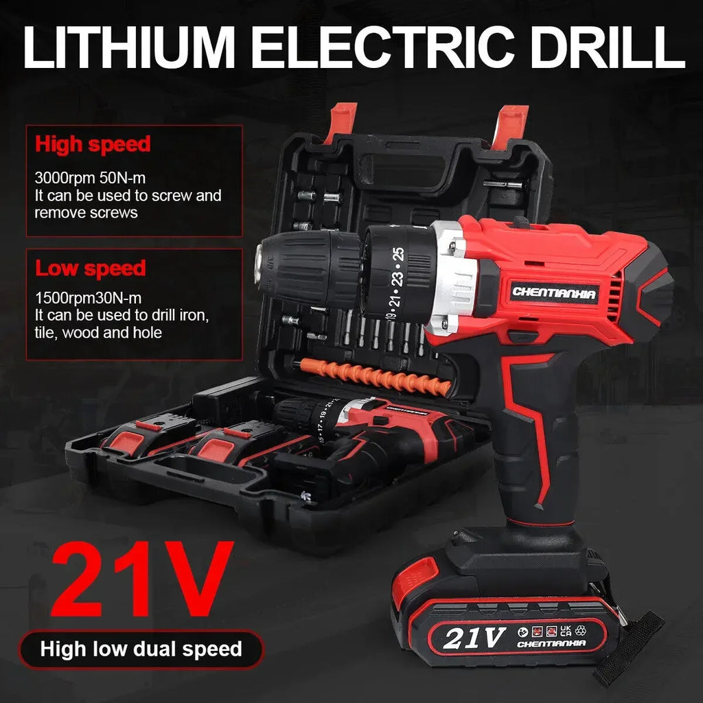 21V Cordless Combi Hammer Impact Drill Driver Electric Screwdriver 2 Battery Set Cordless Hand Drill