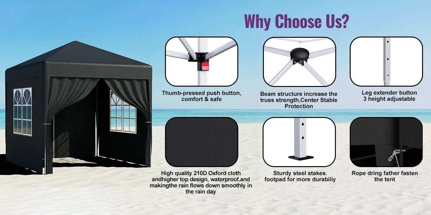 LOEFME Pop up Gazebo 2x2m Outdoor Shelter Commercial Market Stall W/ 4 Side Waterproof Windproof Sun Shelter Garden Camping Tent