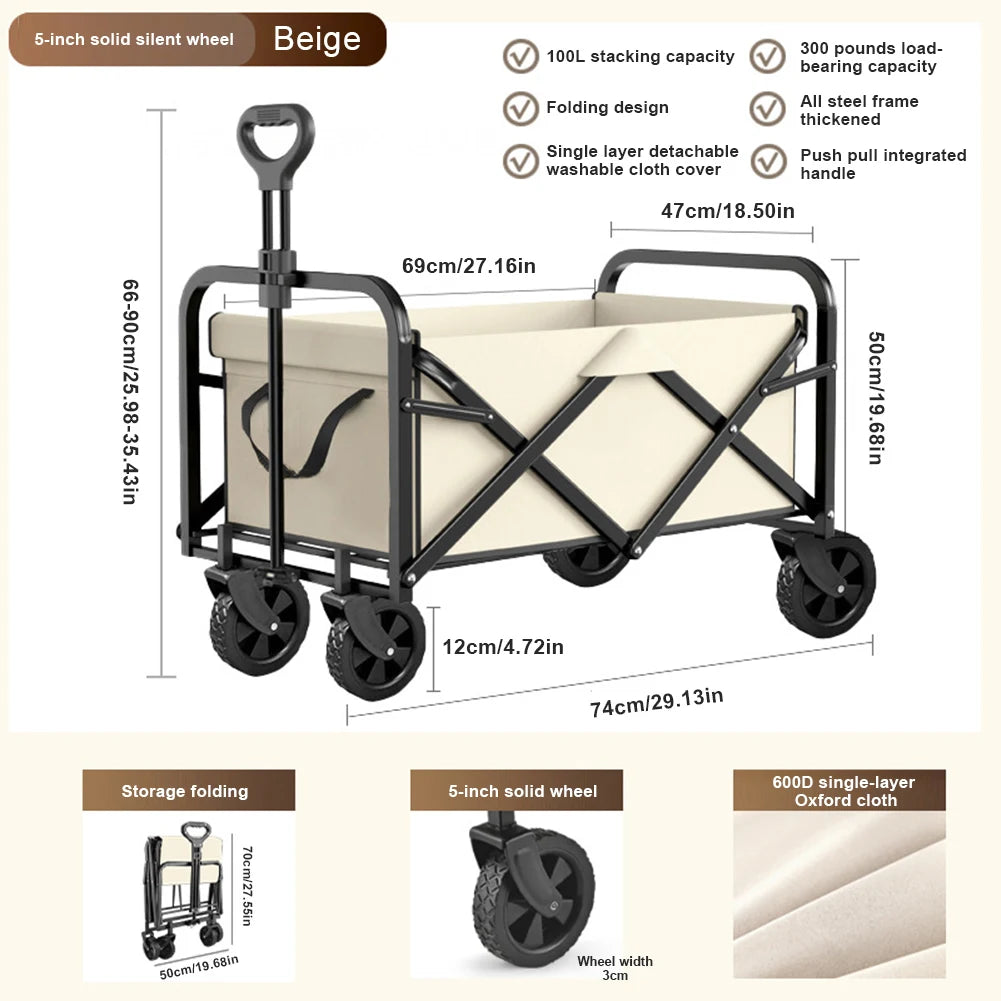 Collapsible Folding Utility Wagon Outdoor Camping Beach Wagon Cart Heavy Duty Large Capacity Fold Wagon Portable Grocery Trolley