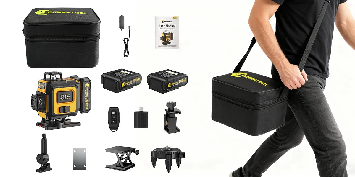 CONENTOOL Laser Level with Tripod, Multifunctional 4D 16 Cross Lines, 360° Rotation Window Self-Leveling, 2 Batteries & Charger