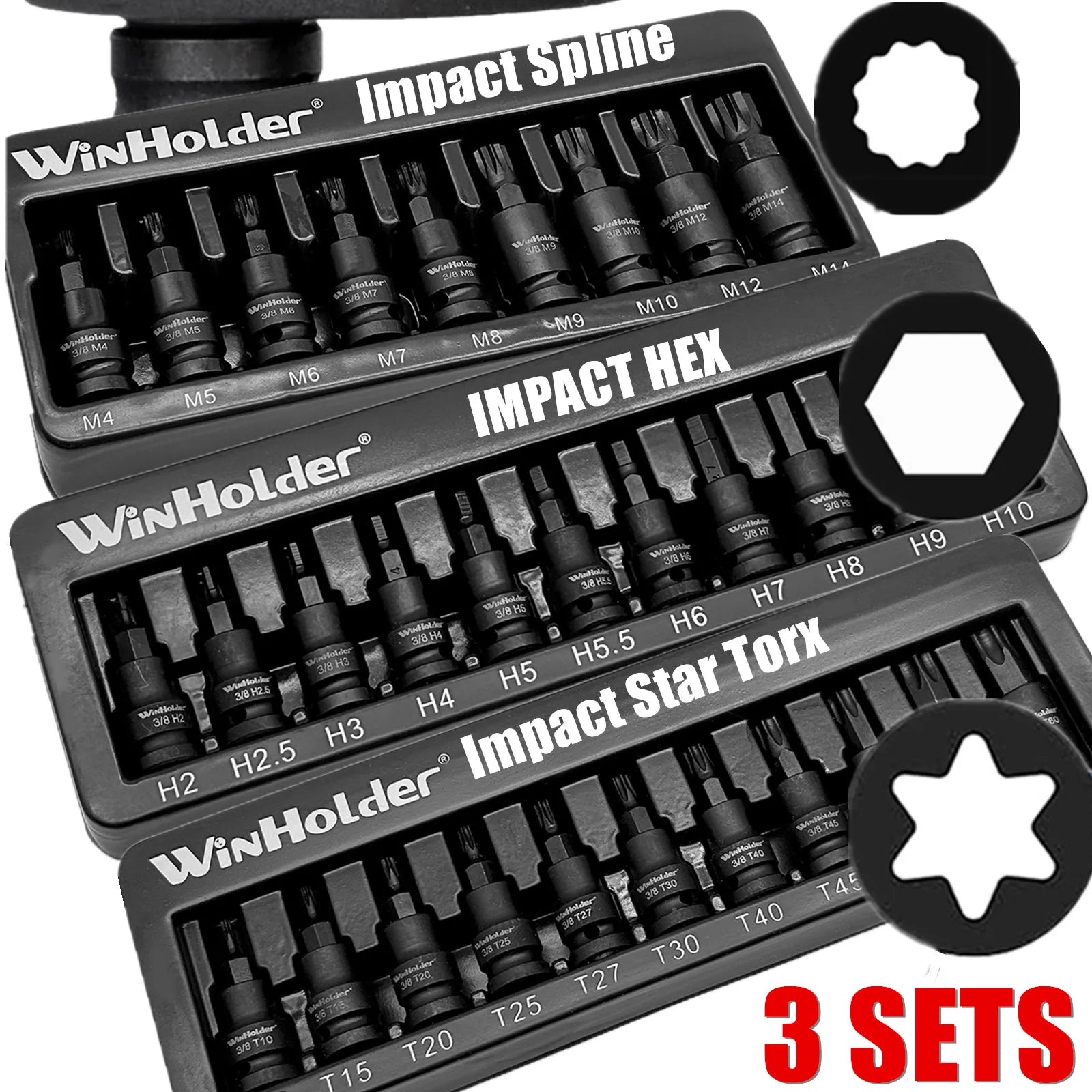 WinHolder 31PCS IMPACT Hex Torx Spline Bit Sockets 3/8"Drive Short Reach Allen Star HEX Chromium-Vanadium 3 Sets