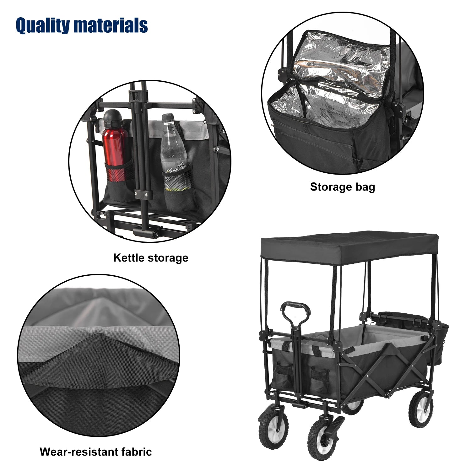 PINGGO Garden Cart with Romovable Canopy Foldable Trolley Wagon 4 Wheels Front Cup Holder Cooler Bag Push Pull Handle Hand Truck