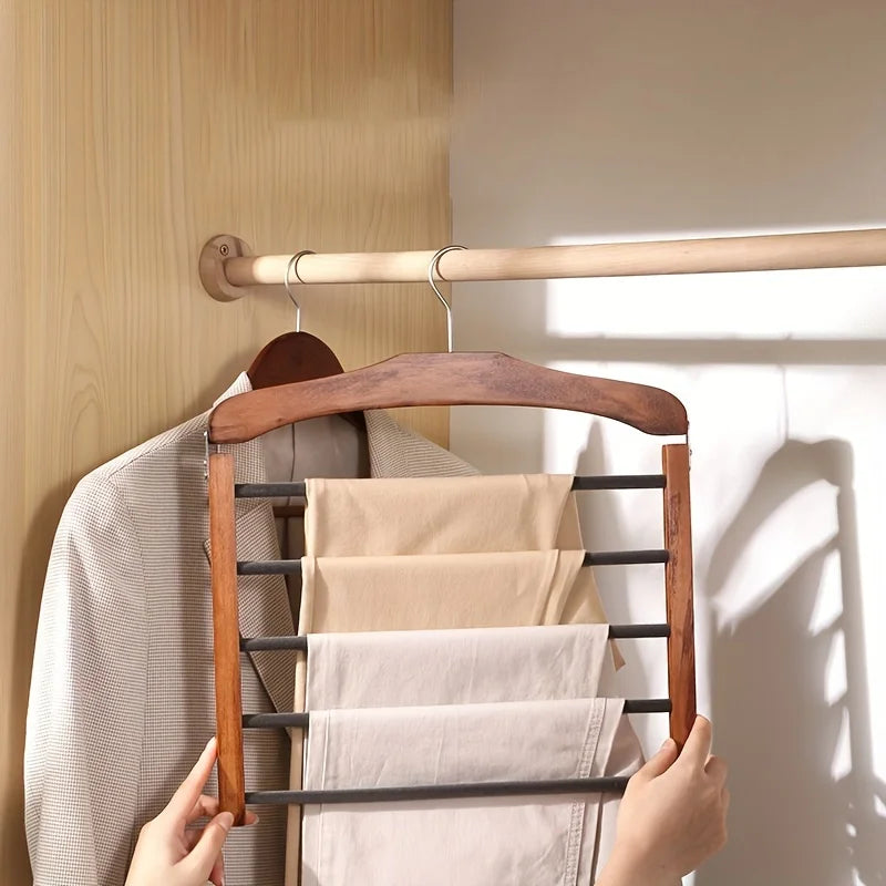 Solid Wood Multifunctional Multi-tier Trouser Rack Household Wooden Coat Rack Towel Scarf Tie Storage Rack Flocking Non-marking