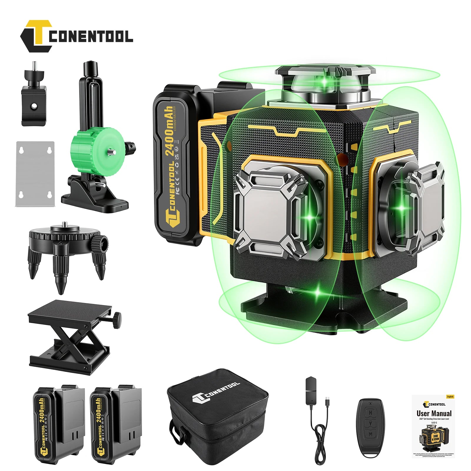 CONENTOOL Laser Level with Tripod, Multifunctional 4D 16 Cross Lines, 360° Rotation Window Self-Leveling, 2 Batteries & Charger