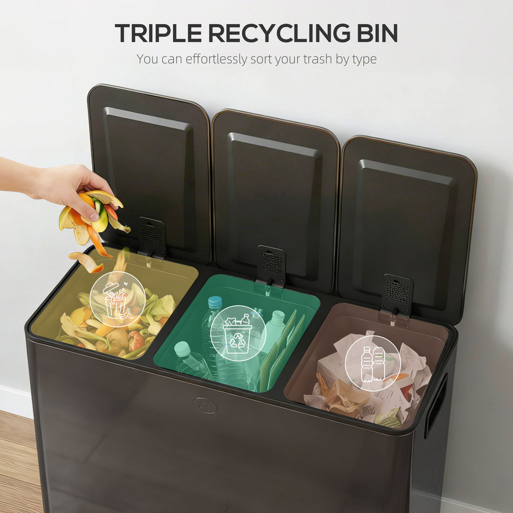 HOMCOM 3 x 15L Triple Kitchen Bin Pedal Bin for Recycling and Waste Black