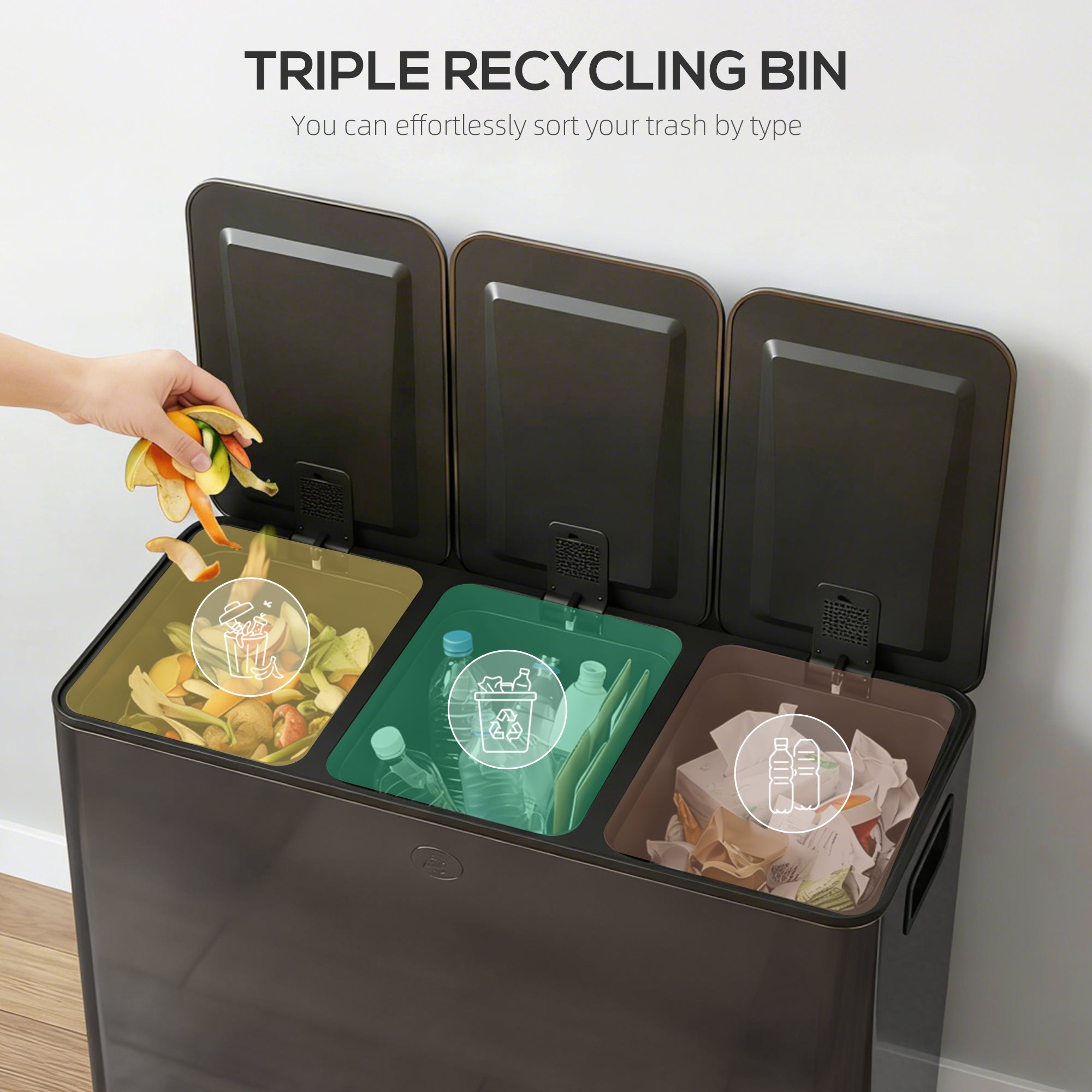 HOMCOM 3 x 15L Triple Kitchen Bin Pedal Bin for Recycling and Waste Black