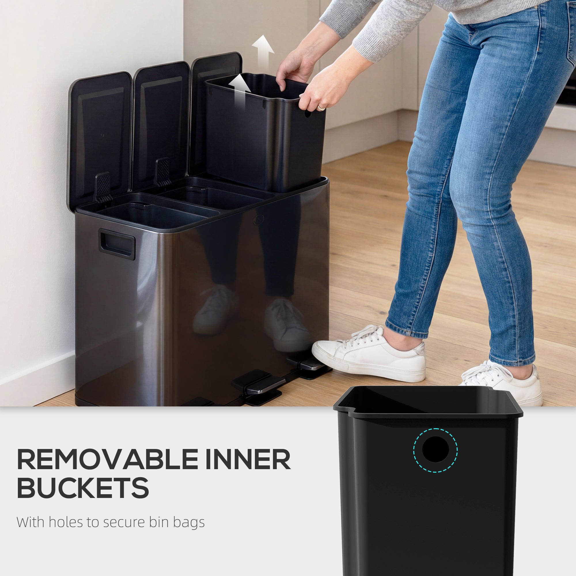 HOMCOM 3 x 15L Triple Kitchen Bin Pedal Bin for Recycling and Waste Black