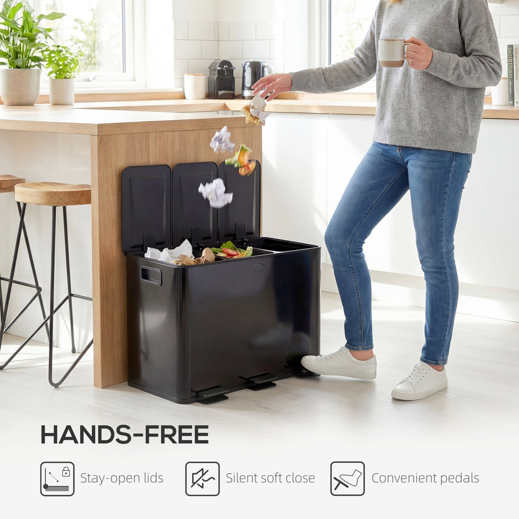 HOMCOM 3 x 15L Triple Kitchen Bin Pedal Bin for Recycling and Waste Black
