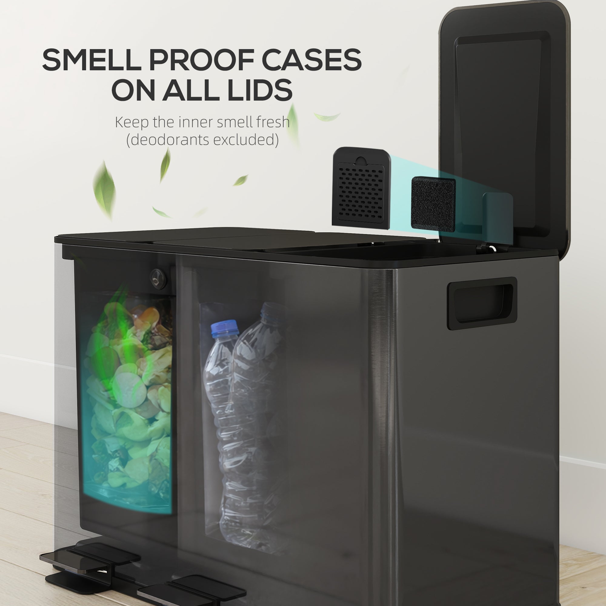 HOMCOM 3 x 15L Triple Kitchen Bin Pedal Bin for Recycling and Waste Black